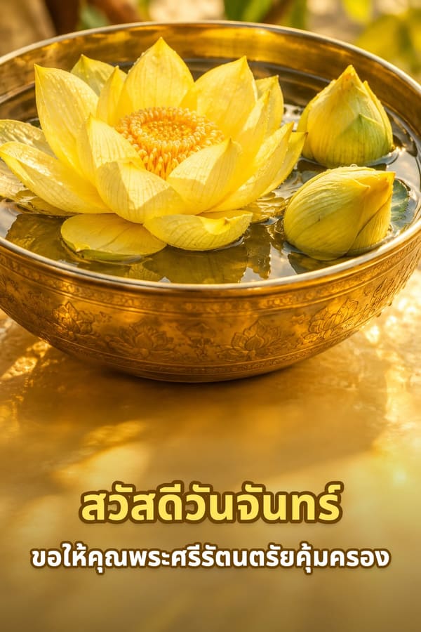สวัสดีวันจันทร์ ขอให้คุณพระศรีรัตนตรัยคุ้มครอง – ดอกบัวสีเหลืองลอยในขันทองเหลืองแสงยามเช้า