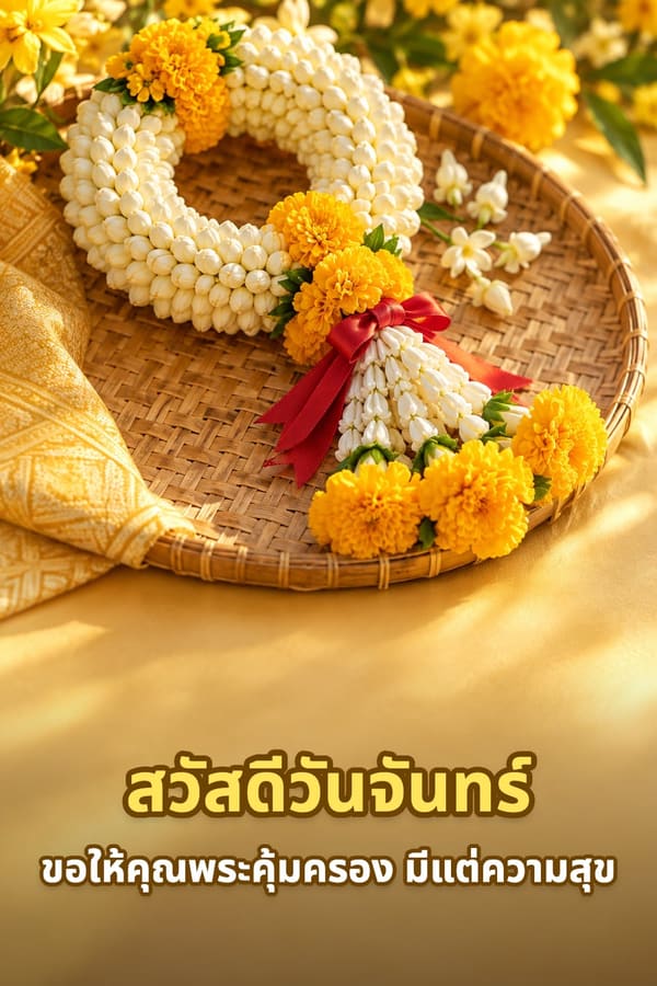 สวัสดีวันจันทร์ ขอให้คุณพระคุ้มครอง มีแต่ความสุข – พวงมาลัยมะลิกับดอกดาวเรืองบนกระด้งสาน