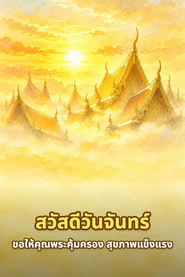 สวัสดีวันจันทร์ ขอให้คุณพระคุ้มครอง สุขภาพแข็งแรง – หลังคาโบสถ์ไทยมีช่อฟ้ากับพระอาทิตย์ขึ้นสีทอง ภาพสีน้ำ
