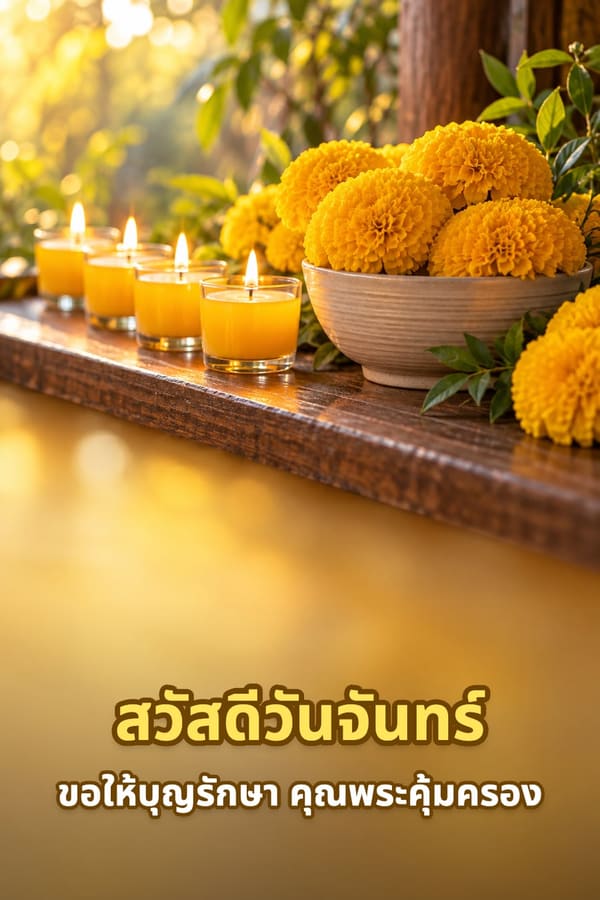 สวัสดีวันจันทร์ ขอให้บุญรักษา คุณพระคุ้มครอง – เทียนสีเหลืองเรียงแถวกับชามดอกดาวเรืองบนชั้นไม้