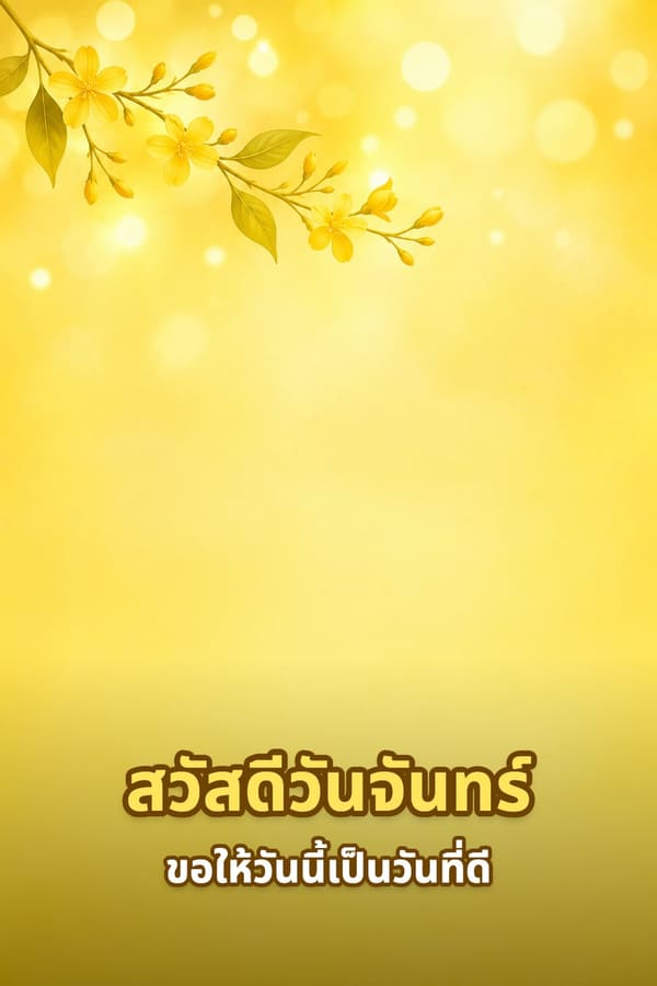 สวัสดีวันจันทร์ ขอให้วันนี้เป็นวันที่ดี – พื้นหลังไล่สีเหลืองทองมีแสงโบเก้กับกิ่งดอกไม้สีเหลือง