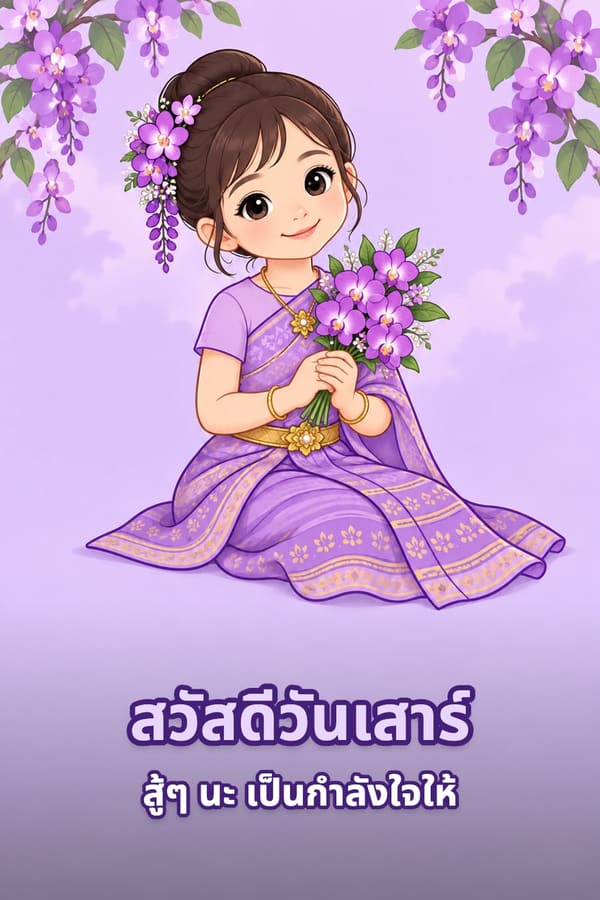 สวัสดีวันเสาร์ สู้ๆ นะ เป็นกำลังใจให้ – ภาพการ์ตูนเด็กหญิงในชุดไทยสีม่วงถือช่อดอกกล้วยไม้สีม่วง