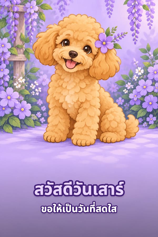 สวัสดีวันเสาร์ ขอให้เป็นวันที่สดใส – ลูกสุนัขพันธุ์ทอยพุดเดิ้ลสีแอปริคอตทัดดอกไม้สีม่วงในสวนดอกไม้