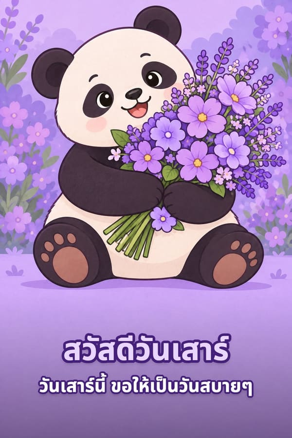 สวัสดีวันเสาร์ วันเสาร์นี้ ขอให้เป็นวันสบายๆ – หมีแพนด้าขาวดำนั่งกอดช่อดอกไม้สีม่วง