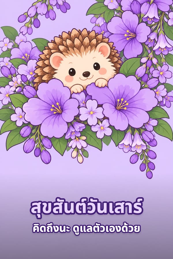 สุขสันต์วันเสาร์ คิดถึงนะ ดูแลตัวเองด้วย – ลูกเม่นแคระสีน้ำตาลโผล่หน้าจากกลางดอกไม้สีม่วง