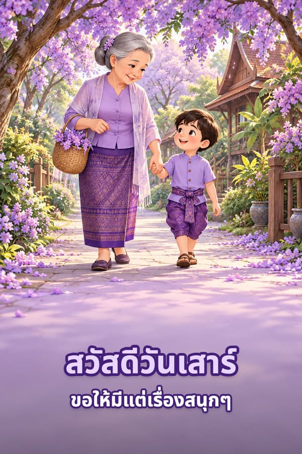 สวัสดีวันเสาร์ ขอให้มีแต่เรื่องสนุกๆ – คุณยายในชุดผ้าซิ่นสีม่วงจูงมือหลานชายเดินใต้ต้นไม้ดอกสีม่วง