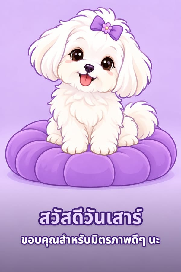 สวัสดีวันเสาร์ ขอบคุณสำหรับมิตรภาพดีๆ นะ – ลูกสุนัขพันธุ์มอลทีสสีขาวติดโบว์สีม่วงนั่งบนเบาะสีม่วง