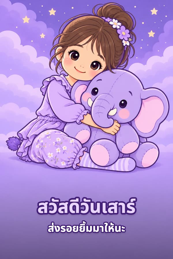 สวัสดีวันเสาร์ ส่งรอยยิ้มมาให้นะ – เด็กหญิงกอดตุ๊กตาช้างสีม่วงท่ามกลางก้อนเมฆและดวงดาว