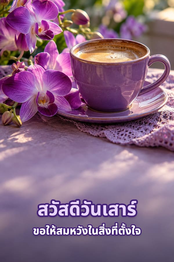 สวัสดีวันเสาร์ ขอให้สมหวังในสิ่งที่ตั้งใจ – กาแฟในถ้วยเซรามิกสีม่วงข้างดอกกล้วยไม้สีม่วงยามเช้า