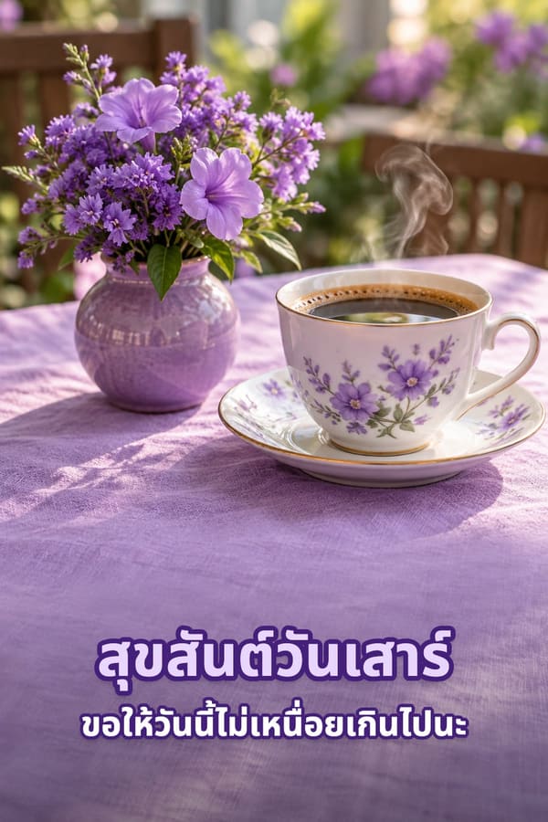 สุขสันต์วันเสาร์ ขอให้วันนี้ไม่เหนื่อยเกินไปนะ – กาแฟดำร้อนในถ้วยลายดอกไม้กับแจกันดอกไม้สีม่วงบนผ้าปูโต๊ะ