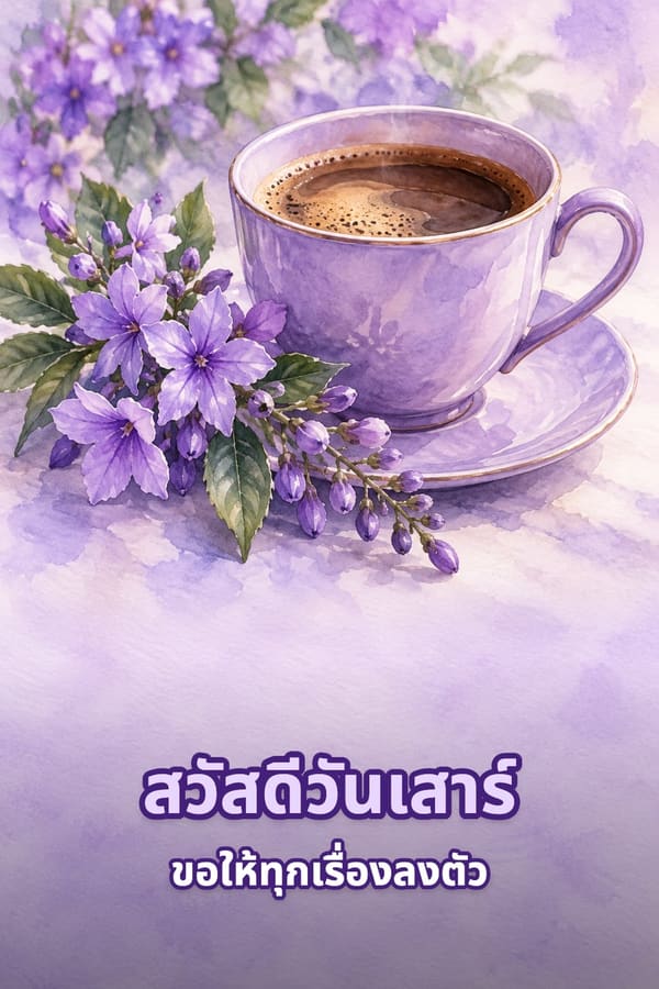 สวัสดีวันเสาร์ ขอให้ทุกเรื่องลงตัว – ภาพสีน้ำถ้วยกาแฟสีม่วงกับช่อดอกไม้สีม่วง