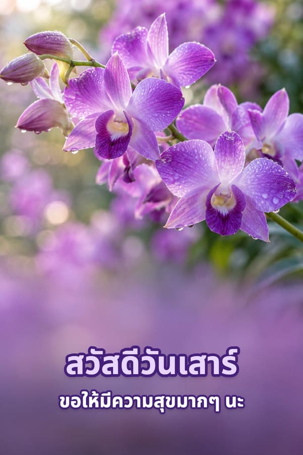 สวัสดีวันเสาร์ ขอให้มีความสุขมากๆ นะ – ช่อกล้วยไม้หวายสีม่วงเกาะหยดน้ำค้างยามเช้า