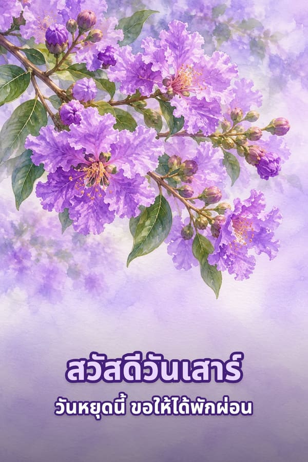 สวัสดีวันเสาร์ วันหยุดนี้ ขอให้ได้พักผ่อน – ภาพสีน้ำดอกอินทนิลสีม่วงบนกิ่งพร้อมดอกตูม