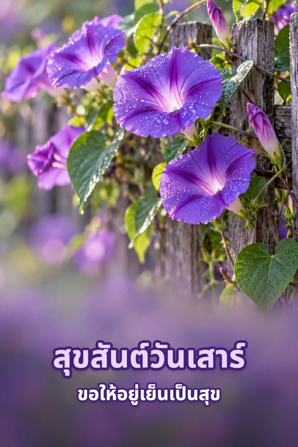 สุขสันต์วันเสาร์ ขอให้อยู่เย็นเป็นสุข – ดอกมอร์นิ่งกลอรี่สีม่วงเลื้อยบนรั้วไม้พร้อมหยดน้ำค้าง