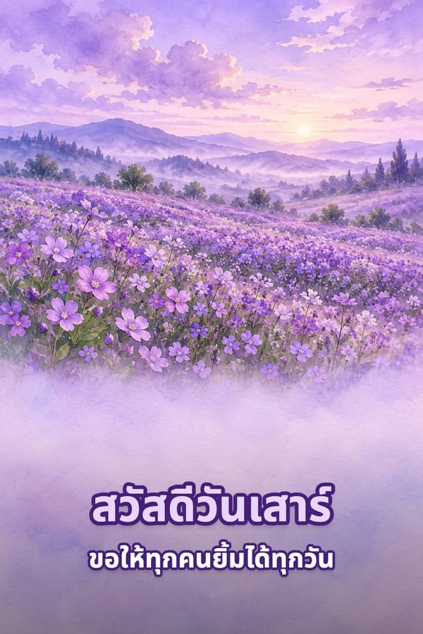 สวัสดีวันเสาร์ ขอให้ทุกคนยิ้มได้ทุกวัน – ภาพสีน้ำทุ่งดอกไม้สีม่วงกับทิวเขาในสายหมอก