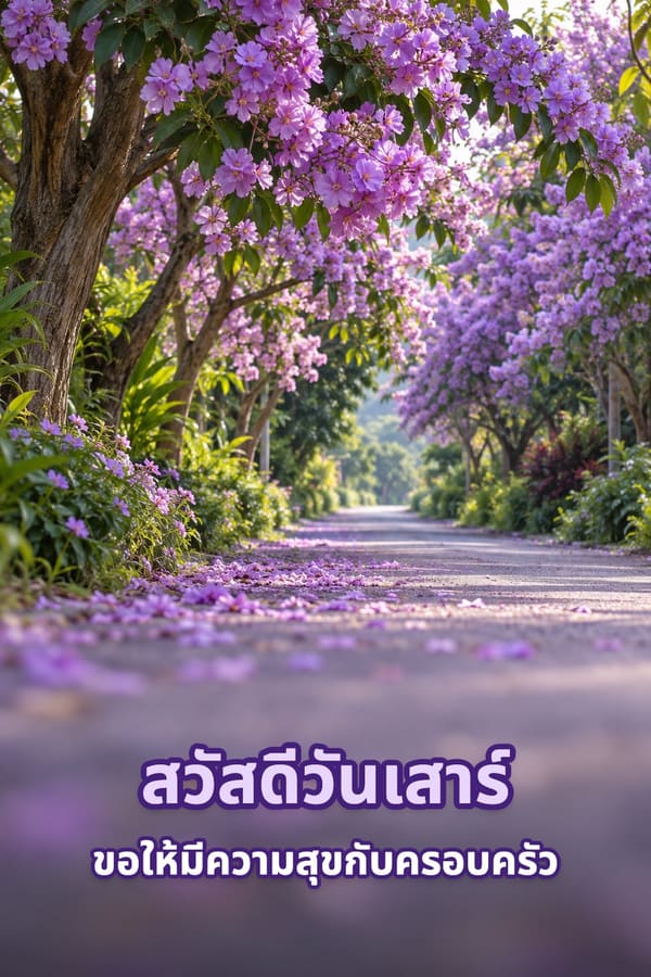 สวัสดีวันเสาร์ ขอให้มีความสุขกับครอบครัว – ถนนเล็กใต้ต้นอินทนิลออกดอกสีม่วงและกลีบดอกร่วงบนพื้น