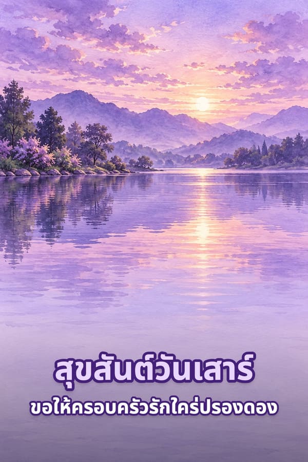 สุขสันต์วันเสาร์ ขอให้ครอบครัวรักใคร่ปรองดอง – ภาพสีน้ำทะเลสาบสงบสะท้อนท้องฟ้าสีม่วงและแสงอาทิตย์