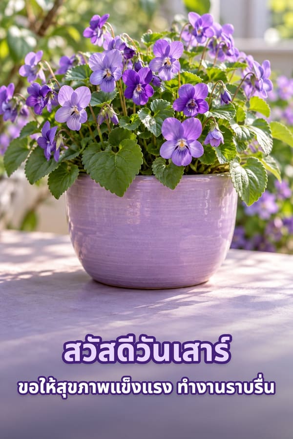 สวัสดีวันเสาร์ ขอให้สุขภาพแข็งแรง ทำงานราบรื่น – ดอกไวโอเล็ตสีม่วงในกระถางเซรามิกบนโต๊ะกลางแดด