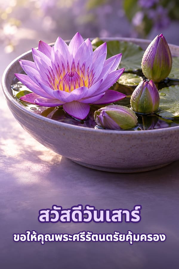 สวัสดีวันเสาร์ ขอให้คุณพระศรีรัตนตรัยคุ้มครอง – ดอกบัวผันสีม่วงและดอกบัวตูมในชามน้ำเซรามิก
