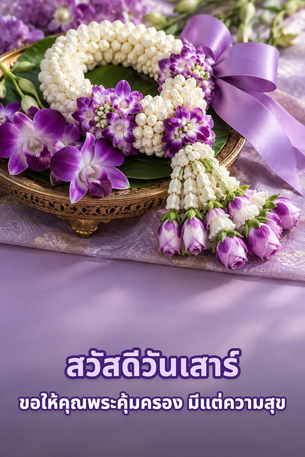 สวัสดีวันเสาร์ ขอให้คุณพระคุ้มครอง มีแต่ความสุข – พวงมาลัยดอกมะลิประดับกล้วยไม้สีม่วงและริบบิ้นบนพานทอง