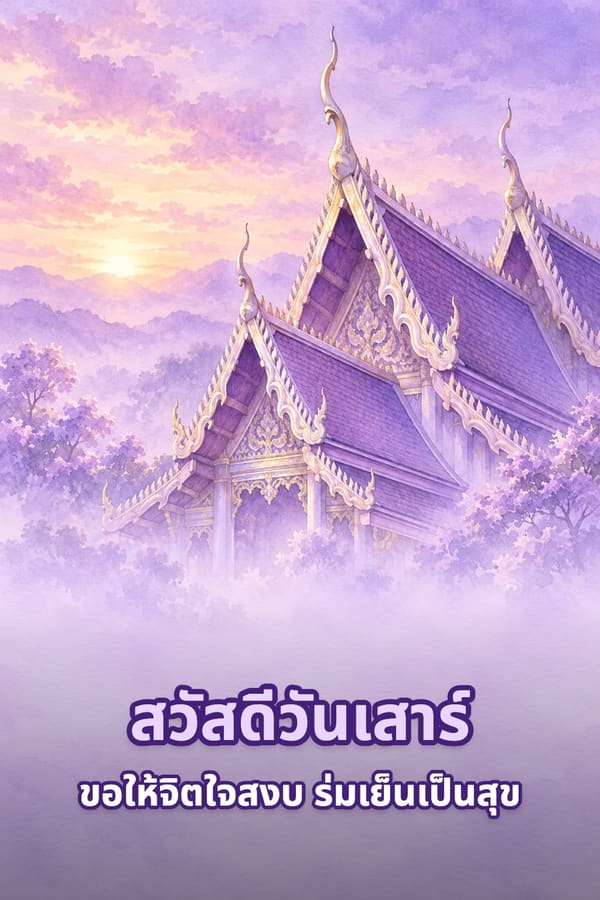 สวัสดีวันเสาร์ ขอให้จิตใจสงบ ร่มเย็นเป็นสุข – ภาพสีน้ำหลังคาโบสถ์ไทยประดับช่อฟ้าท่ามกลางหมอกสีม่วง