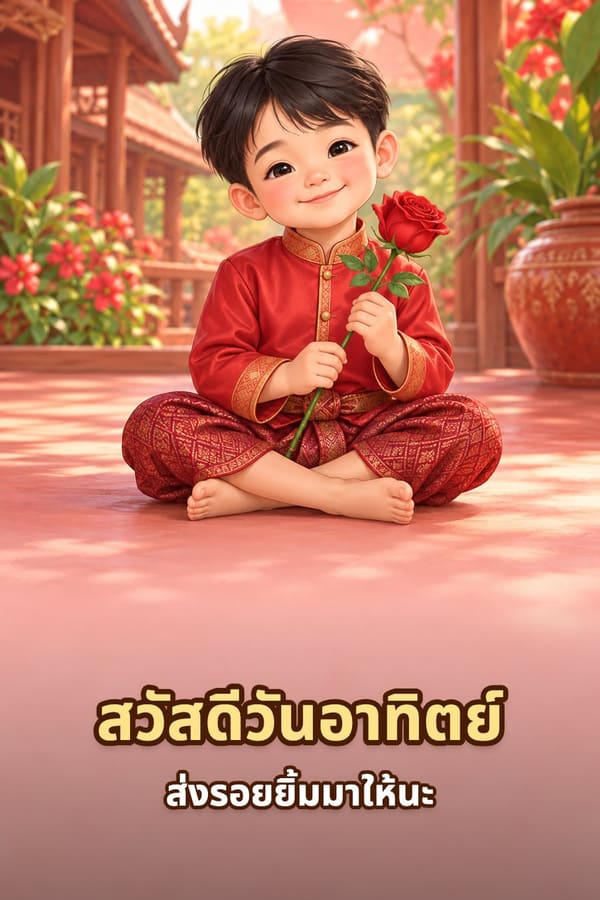 สวัสดีวันอาทิตย์ ส่งรอยยิ้มมาให้นะ – เด็กชายในชุดไทยสีแดงนั่งขัดสมาธิถือดอกกุหลาบแดงบนชานเรือนไทย
