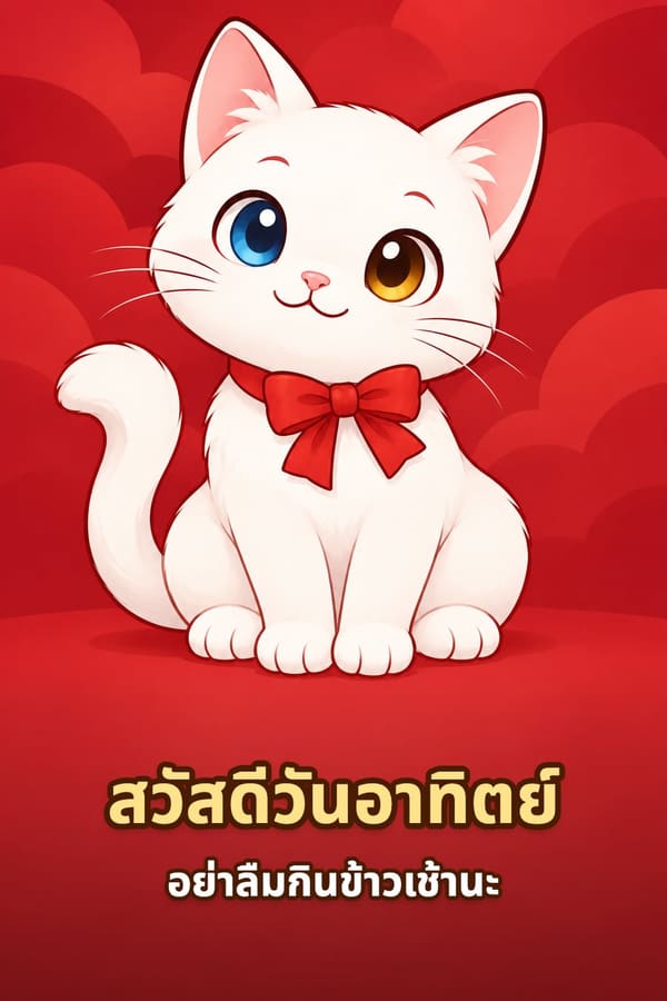 สวัสดีวันอาทิตย์ อย่าลืมกินข้าวเช้านะ – แมวขาวมณีตาสองสีผูกโบสีแดงนั่งบนพื้นหลังสีแดง