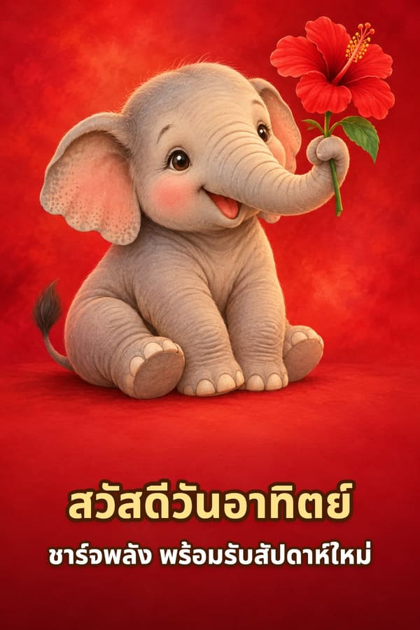 สวัสดีวันอาทิตย์ ชาร์จพลัง พร้อมรับสัปดาห์ใหม่ – ลูกช้างสีเทาใช้งวงชูดอกชบาสีแดง