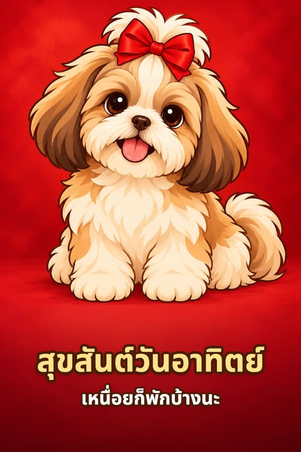 สุขสันต์วันอาทิตย์ เหนื่อยก็พักบ้างนะ – สุนัขชิสุขนสีครีมน้ำตาลติดโบสีแดงบนหัว