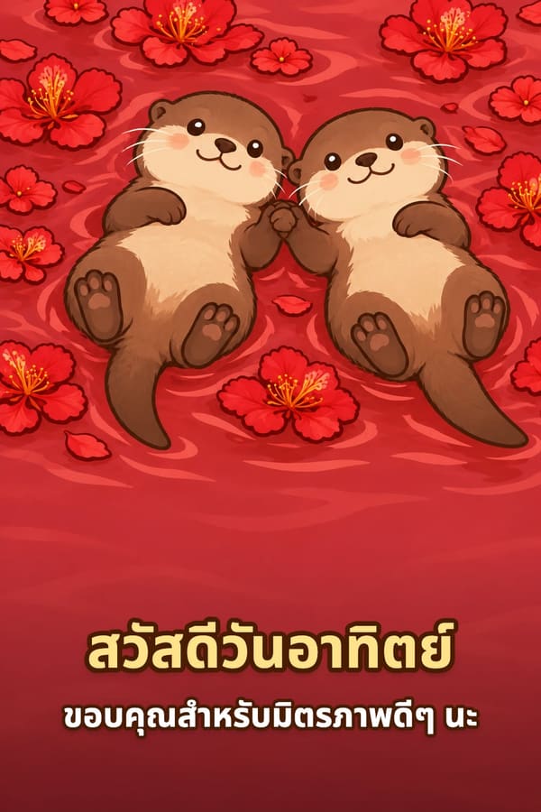 สวัสดีวันอาทิตย์ ขอบคุณสำหรับมิตรภาพดีๆ นะ – นากสีน้ำตาลสองตัวนอนหงายจับมือกันลอยน้ำท่ามกลางดอกไม้สีแดง