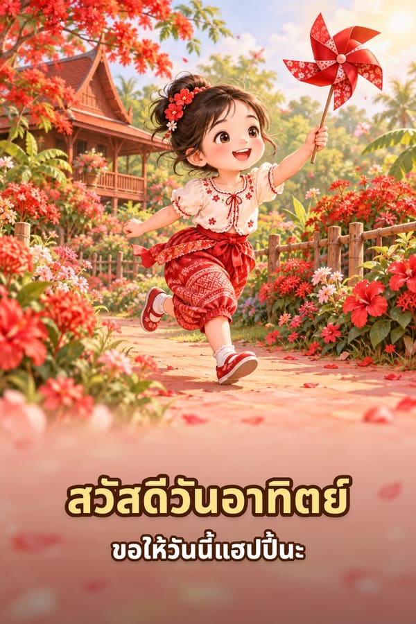 สวัสดีวันอาทิตย์ ขอให้วันนี้แฮปปี้นะ – เด็กหญิงถือกังหันลมสีแดงวิ่งเล่นในสวนดอกไม้หน้าเรือนไทย