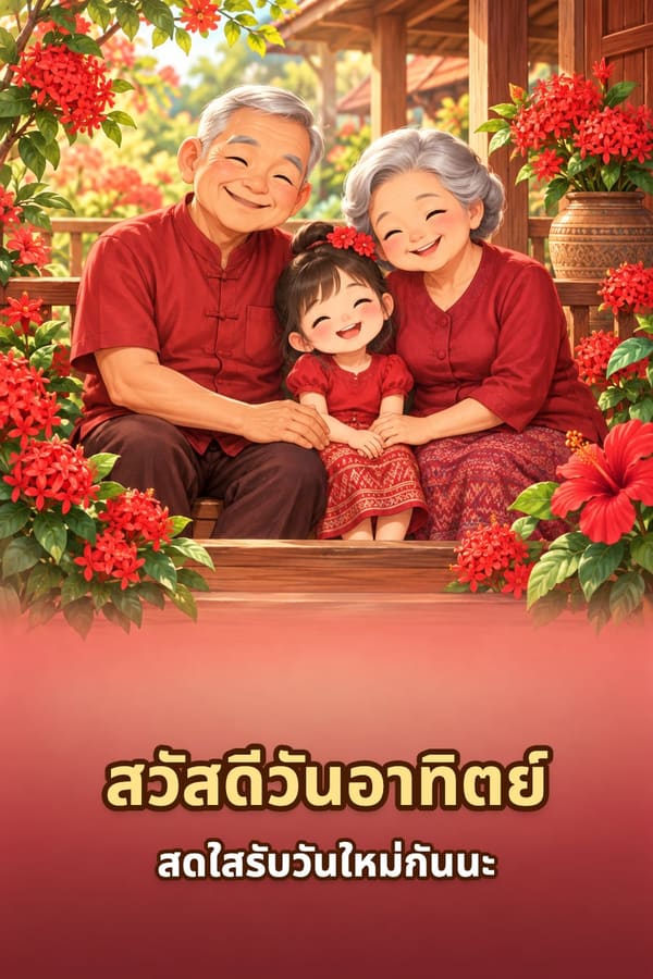 สวัสดีวันอาทิตย์ สดใสรับวันใหม่กันนะ – ตายายกับหลานสาวในชุดสีแดงนั่งยิ้มบนชานเรือนท่ามกลางดอกเข็ม