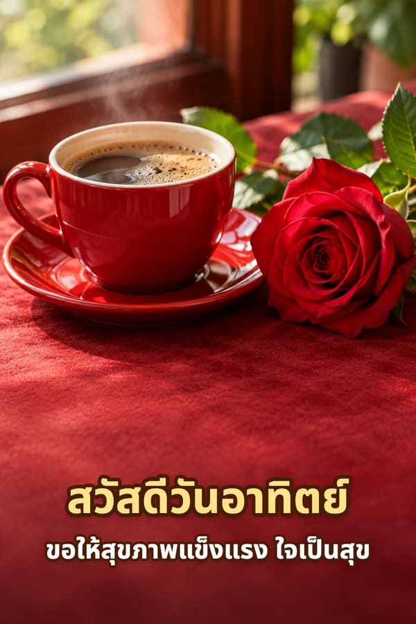 สวัสดีวันอาทิตย์ ขอให้สุขภาพแข็งแรง ใจเป็นสุข – กาแฟร้อนในถ้วยเซรามิกสีแดงกับดอกกุหลาบแดง