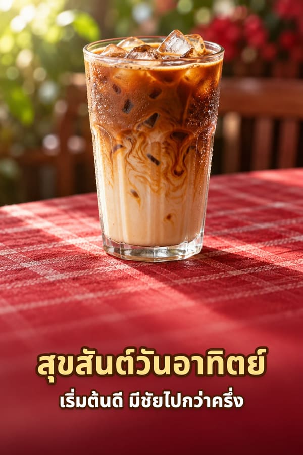 สุขสันต์วันอาทิตย์ เริ่มต้นดี มีชัยไปกว่าครึ่ง – กาแฟเย็นใส่น้ำแข็งในแก้วใสบนผ้าปูโต๊ะลายตารางสีแดง
