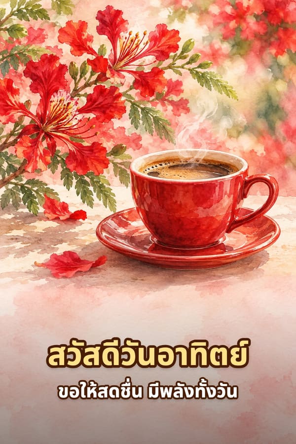 สวัสดีวันอาทิตย์ ขอให้สดชื่น มีพลังทั้งวัน – ภาพสีน้ำถ้วยกาแฟสีแดงกับช่อดอกหางนกยูง