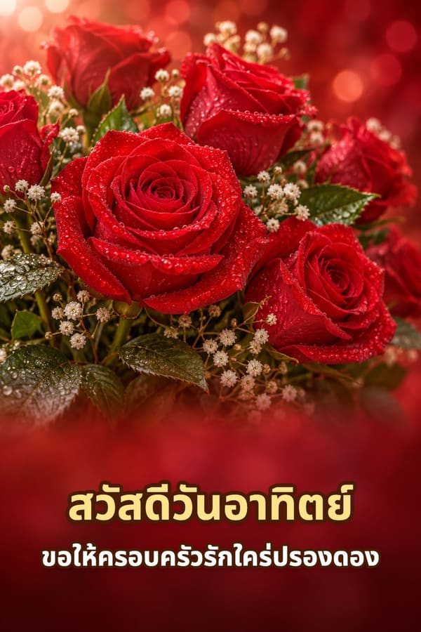 สวัสดีวันอาทิตย์ ขอให้ครอบครัวรักใคร่ปรองดอง – ช่อกุหลาบแดงกับดอกยิปโซมีหยดน้ำค้าง