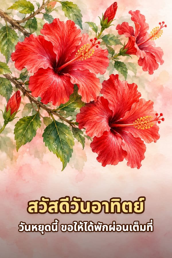 สวัสดีวันอาทิตย์ วันหยุดนี้ ขอให้ได้พักผ่อนเต็มที่ – ดอกชบาสีแดงบนกิ่งใบเขียว ภาพสีน้ำ