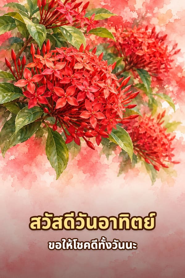 สวัสดีวันอาทิตย์ ขอให้โชคดีทั้งวันนะ – ช่อดอกเข็มสีแดงกับใบเขียว ภาพสีน้ำ