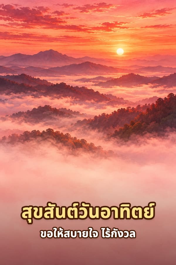 สุขสันต์วันอาทิตย์ ขอให้สบายใจ ไร้กังวล – ทะเลหมอกบนภูเขายามพระอาทิตย์ขึ้นท้องฟ้าสีแดงอมชมพู