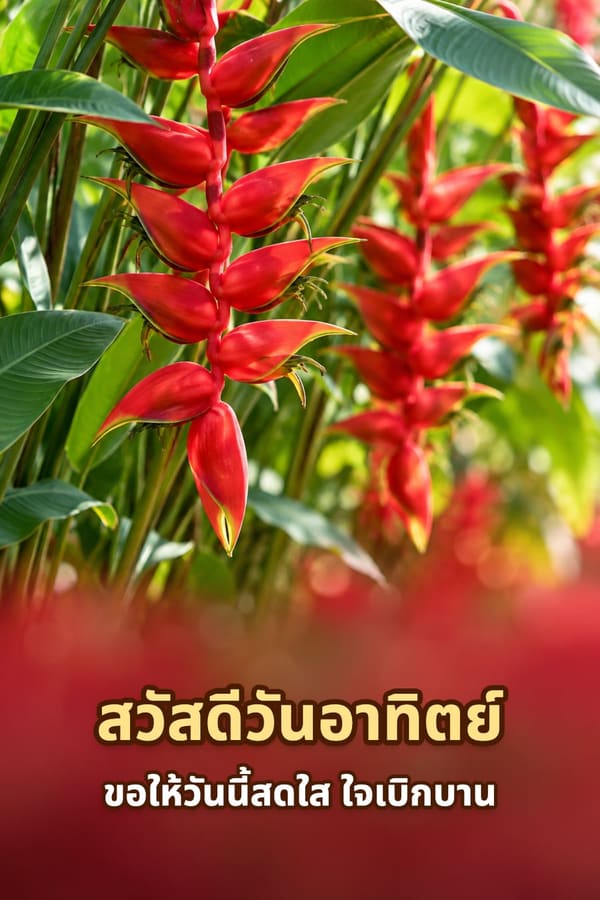 สวัสดีวันอาทิตย์ ขอให้วันนี้สดใส ใจเบิกบาน – ดอกธรรมรักษาสีแดงห้อยระย้ากับใบเขียว