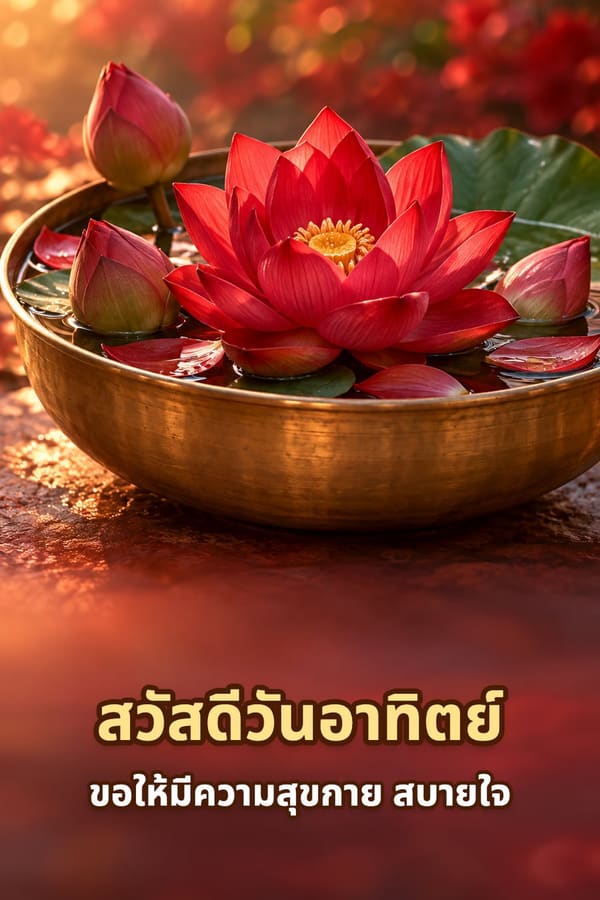 สวัสดีวันอาทิตย์ ขอให้มีความสุขกาย สบายใจ – ดอกบัวสีแดงกับดอกบัวตูมลอยในขันทองเหลือง