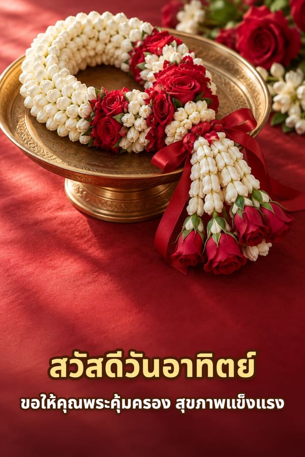 สวัสดีวันอาทิตย์ ขอให้คุณพระคุ้มครอง สุขภาพแข็งแรง – พวงมาลัยดอกมะลิร้อยกุหลาบแดงบนพานทองเหลือง