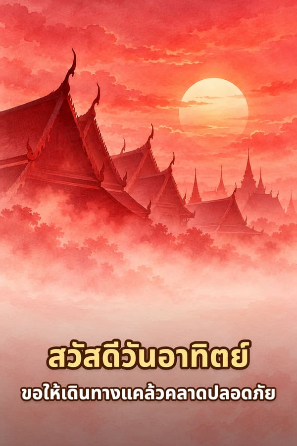 สวัสดีวันอาทิตย์ ขอให้เดินทางแคล้วคลาดปลอดภัย – เงาหลังคาโบสถ์ไทยและเจดีย์ในสายหมอกกับดวงอาทิตย์สีแดง ภาพสีน้ำ