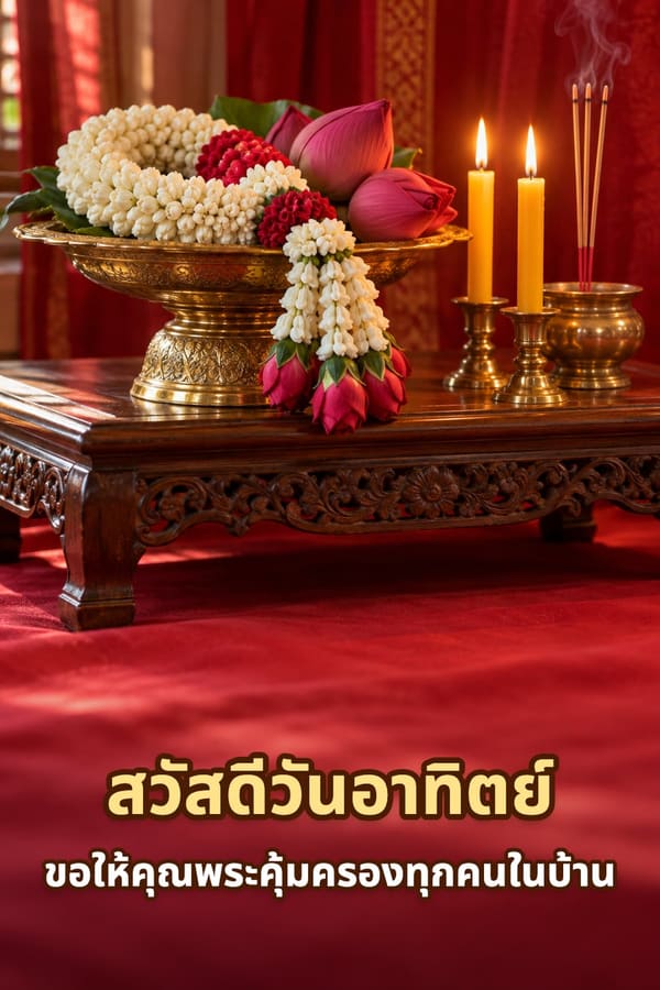 สวัสดีวันอาทิตย์ ขอให้คุณพระคุ้มครองทุกคนในบ้าน – พานทองเหลืองใส่พวงมาลัยมะลิกับดอกบัวตูม ข้างเทียนสีเหลืองสองเล่มและธูปสามดอก