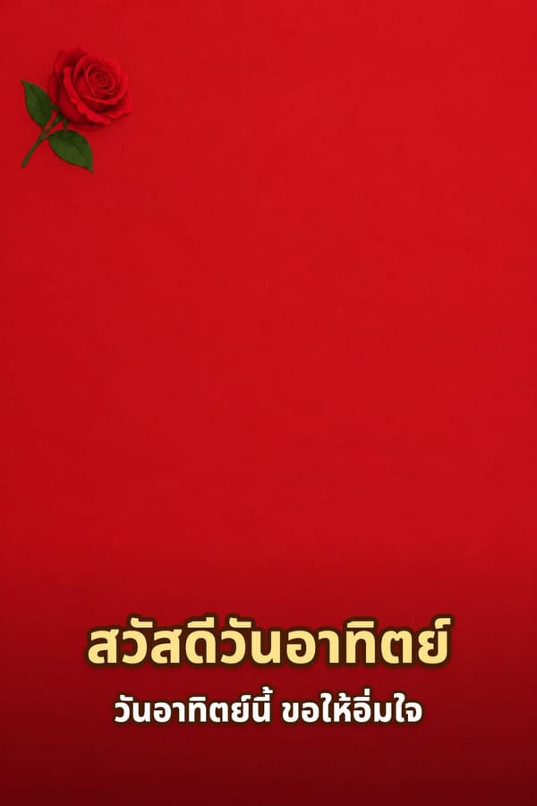 สวัสดีวันอาทิตย์ วันอาทิตย์นี้ ขอให้อิ่มใจ – พื้นหลังสีแดงเรียบกับดอกกุหลาบแดงที่มุมซ้ายบน