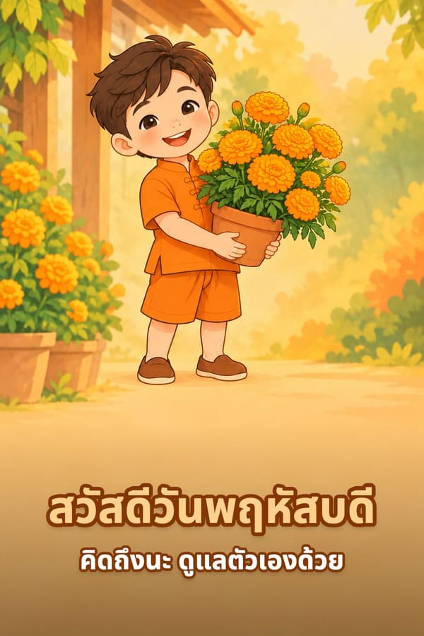สวัสดีวันพฤหัสบดี คิดถึงนะ ดูแลตัวเองด้วย – เด็กชายเสื้อสีส้มอุ้มกระถางดอกดาวเรืองสีส้ม