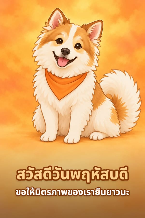 สวัสดีวันพฤหัสบดี ขอให้มิตรภาพของเรายืนยาวนะ – สุนัขบางแก้วขนฟูสีขาวลายน้ำตาลอ่อนผูกผ้าพันคอสีส้ม