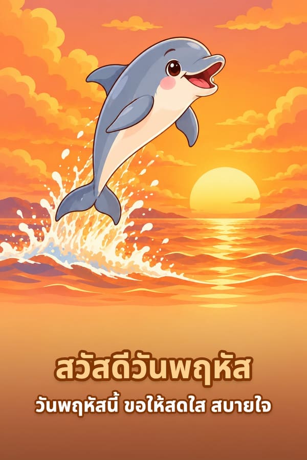 สวัสดีวันพฤหัส วันพฤหัสนี้ ขอให้สดใส สบายใจ – โลมาสีเทากระโดดเหนือทะเลยามพระอาทิตย์ขึ้นสีส้ม