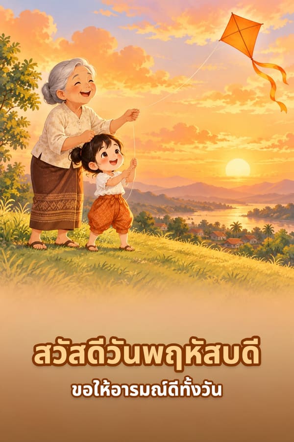 สวัสดีวันพฤหัสบดี ขอให้อารมณ์ดีทั้งวัน – คุณยายกับหลานสาวเล่นว่าวสีส้มบนเนินหญ้า