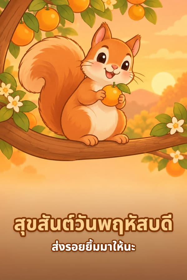 สุขสันต์วันพฤหัสบดี ส่งรอยยิ้มมาให้นะ – กระรอกสีส้มถือผลส้มบนกิ่งต้นส้ม